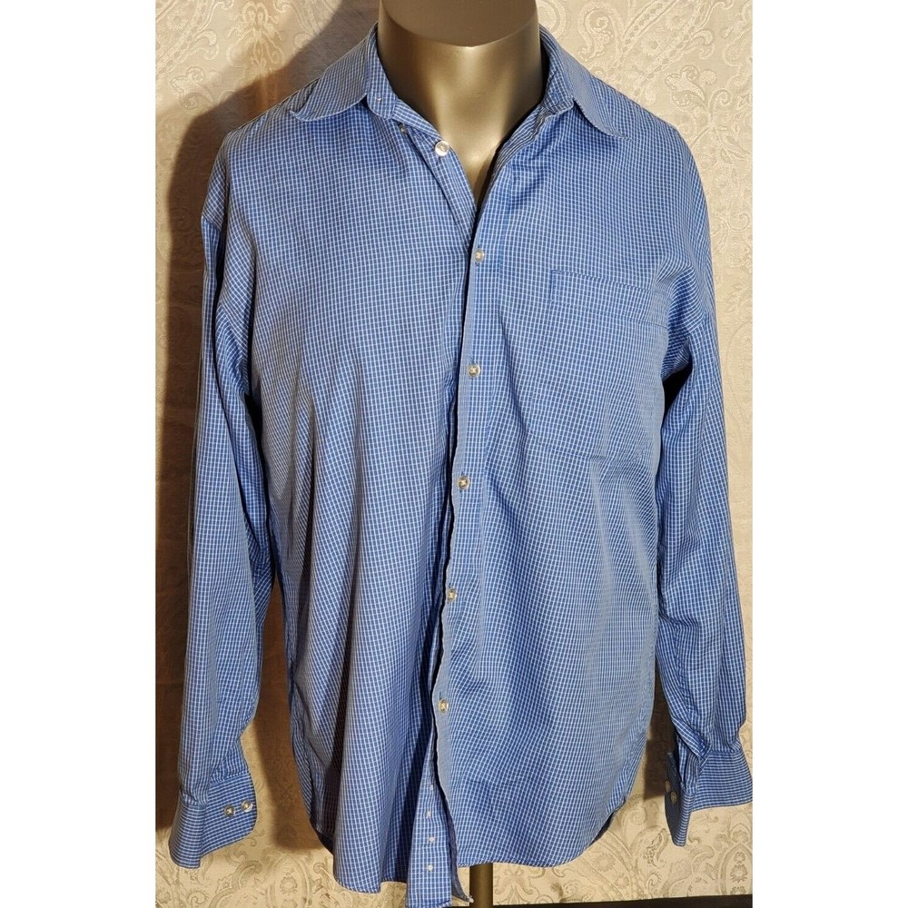IZOD Check Button Down Collar Shirt Mens M Blue White 100% Cotton Pocket